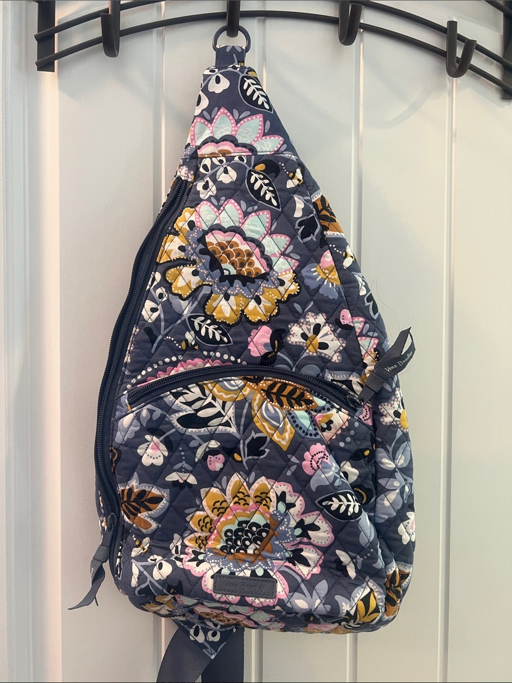 Vera Bradley Navy Floral Quilted Sling Backpack with Pink & Yellow Accents